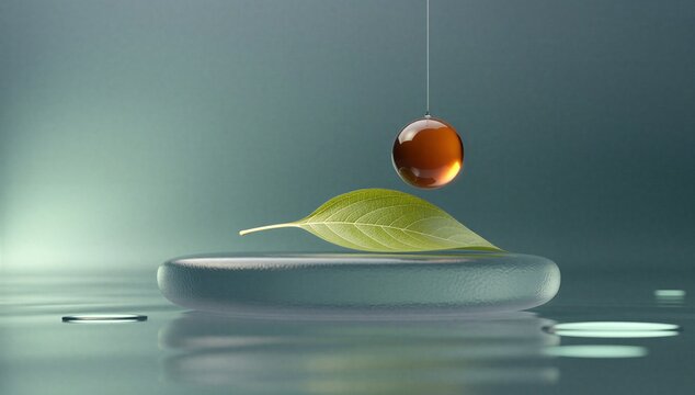 Green leaf on smooth stone with a floating amber drop suggests natural remedy, herbal healing, purity, and calm wellness.