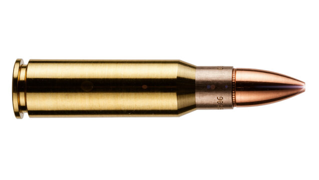 Golden brass rifle cartridge with copper bullet, isolated on transparent background