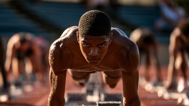 Medium shot of a young sprinter crouched at the starting blocks, sweat beading on his taut