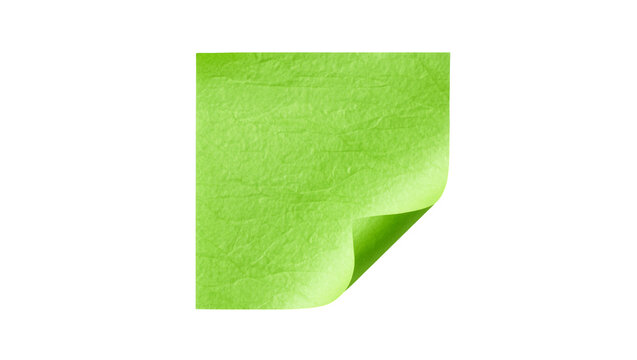 Crinkled green paper sticky note with curled corner, isolated on transparent background
