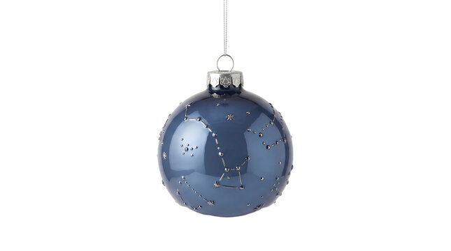 A shiny blue christmas bauble decorated with golden constellations isolated on transparent background