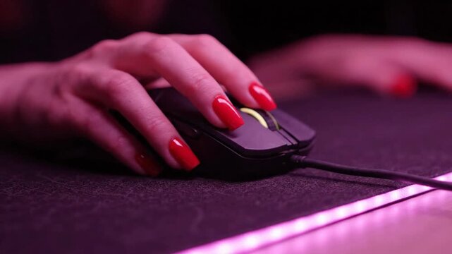 Close up of a woman hand with red nails using computer gaming mouse.
