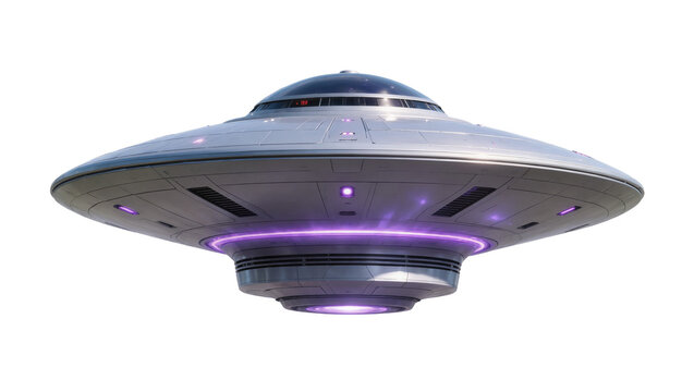 Futuristic silver flying saucer with purple lights, isolated on transparent background