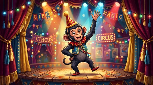Cheerful monkey performing on a vibrant circus stage with lights