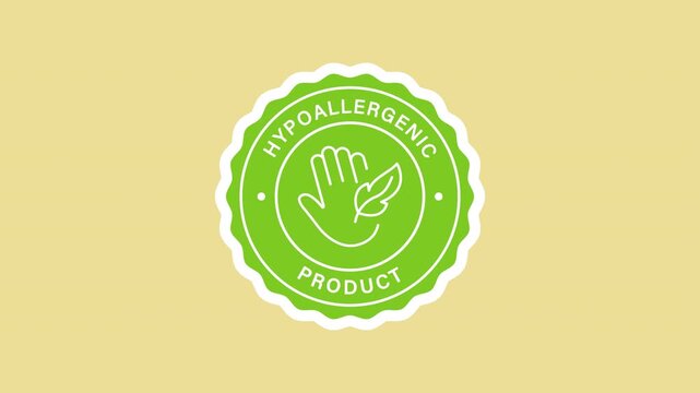 Hypoallergenic product sticker animation with a green circular emblem with on a transparent background. Hypoallergenic certification symbol. Seamless animated icon. 4K video overlay isolated element.