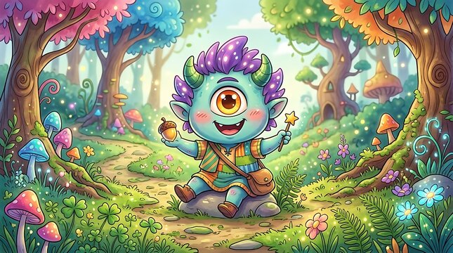 Cute Cyclops Creature in Enchanted Forest with Colorful Mushrooms