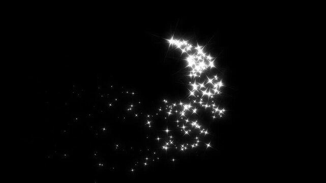 Magic glitter sparkle line animation with white glowing fairy stars, shining bokeh burst, fantasy light streak overlay, 2D doodle particles, and pixie stardust trail on a black screen background. 4K