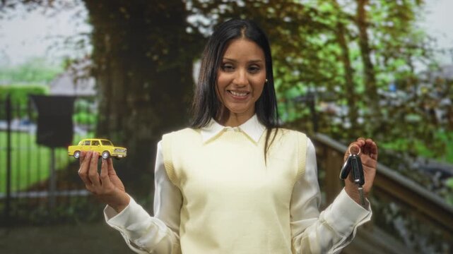 Woman holding a yellow toy car in left hand and car keys in right hand on a street by a fence and tree; ownership joy decision.