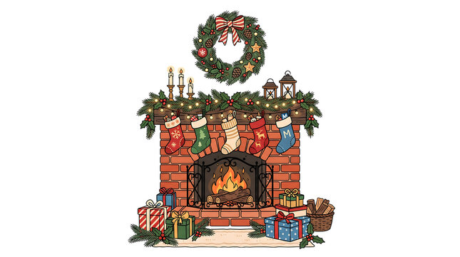 Charming pixel art christmas fireplace scene with gifts and wreath isolated on transparent background