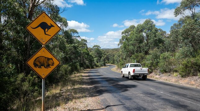 Australian wildlife warning signs, yellow diamond-shaped road signs for kangaroo and wombat crossing, scenic outback road with white pickup truck, travel and nature concept