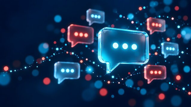 Digital communication concept glowing chat bubbles with dots representing messages in a network of light particles on a dark blue background