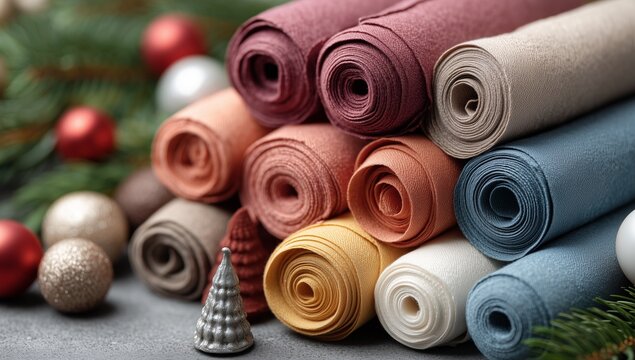 Rolls of fabric with New Year's decor. Rolls of monophonic textiles in warm shades, stacked on top of each other, coniferous branches around, shiny Christmas balls