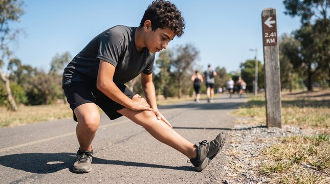 A young boy is stretching his leg on a path. Other runners are seen in the background. It is a sunny day in a park with trees and a distance marker.