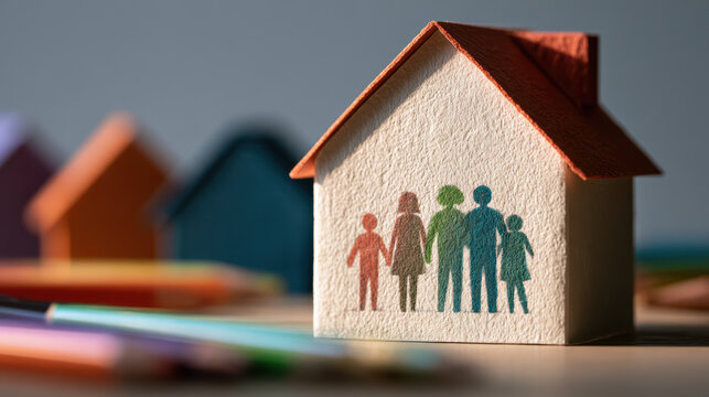 Family house home model paper concept colorful roof figure background child parent together support protection symbol relationship people small