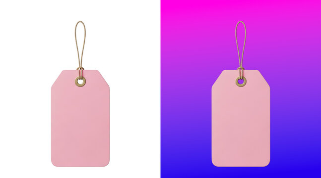 Pink price tag with string attachment on gradient background