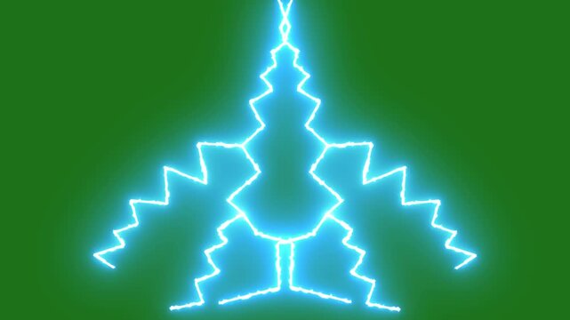 Electric blue lightning strike animation with powerful thunder burst, glowing plasma energy arcs, bright sparks and realistic storm effects on green background for 4k video