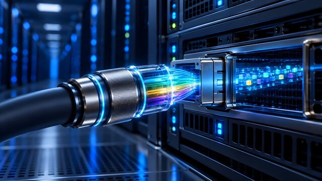 Fiber optic cable connecting to a server rack in a data center with glowing data streams and blue ambient light representing high speed data transfer and network connectivity.