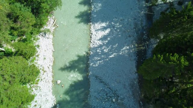 Drone river forest stones stream aerial shot flying forward over a wild alpine river bed with clear water and pine trees casting shadows. Bird's eye view of natural wilderness landscape.