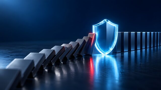 Digital shield protecting against falling dominoes symbolizing security and risk prevention in a dark futuristic environment with blue neon light