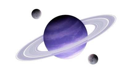 Purple ringed planet with two moons, isolated on transparent background © studiox