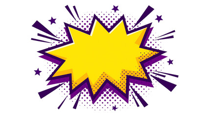 Yellow starburst comic explosion with purple accents, isolated on transparent background © studiox