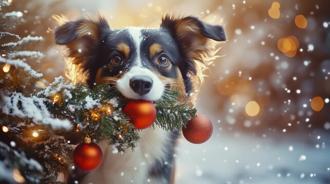 dog with Christmas decoration.Cute Dog Holding Christmas Garland with Red Ornaments in Snowy Winter Scene Representing Holiday Pet Celebration and Festive Seasonal Atmosphere
