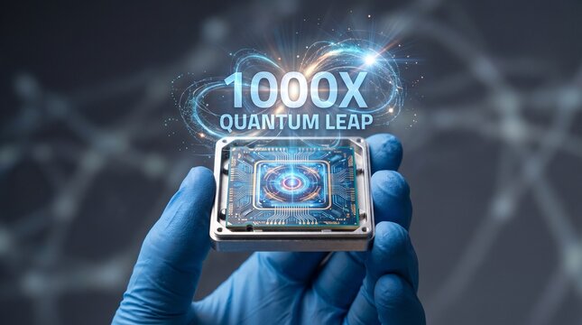 Scientist in blue gloves holding a futuristic quantum processor chip with digital data visualization