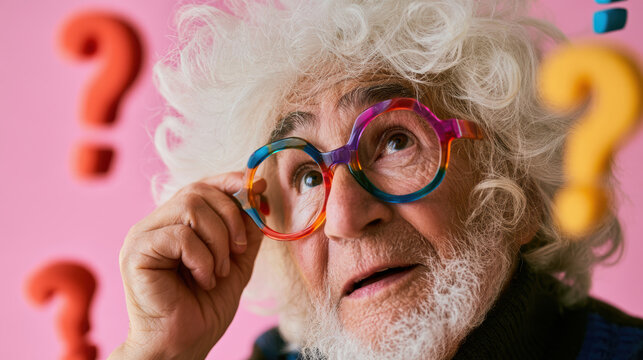 Elderly man with curly white hair wearing colorful round glasses looking up thoughtfully with question marks on pink background