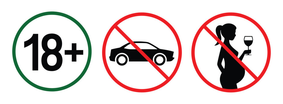 Age restriction warning sign set, no car allowed, pregnant woman alcohol prohibition, safety regulations, public notice icons, caution graphics, vector designs