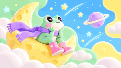 Obraz premium Cute green frog sits on cheese moon. Purple scarf wraps its shoulders snugly. Pink boots add playful charm to its feet. Stars twinkle in a cosmic blue sky. Planet with rings floats nearby, serene