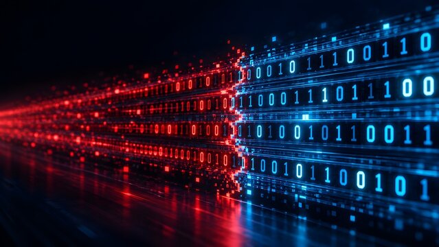 Digital data stream of binary code in red and blue flowing and transforming representing information transfer and digital transformation concepts