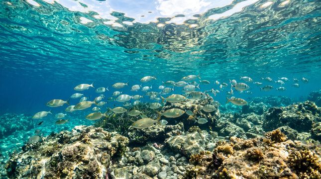 Peces nadando en aguas cristalinas y turquesas del mar Mediterr&aacute;neo sobre un fondo marino rocoso con suaves reflejos en la superficie.