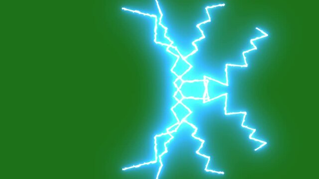 Thunderstorm lightning vfx with dynamic blue electric bolts, powerful energy discharge, glowing plasma arcs, bright flash bursts and realistic thunder effects on green background for 4k