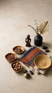 Afro-Brazilian inspired handmade textures, woven natural fibers, wooden artistic objects and contemporary decorative elements on a refined neutral surface, Black Consciousness Day