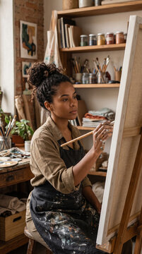Black Brazilian creative professional working in a contemporary art studio, large blank canvas and carefully arranged artistic materials in the environment, Black Consciousness Day