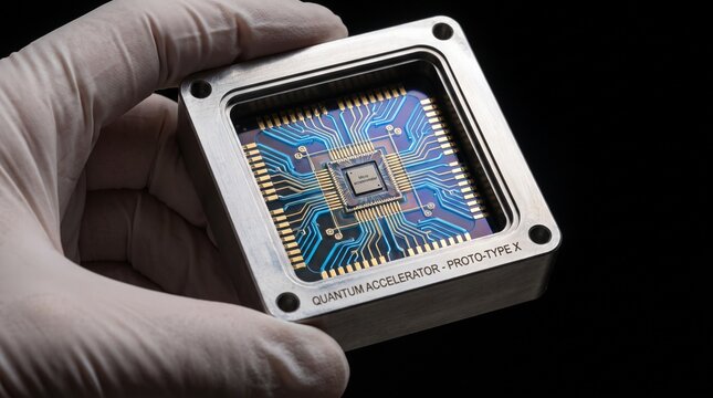 Scientist in latex gloves holding a quantum processor prototype with gold circuitry on black background