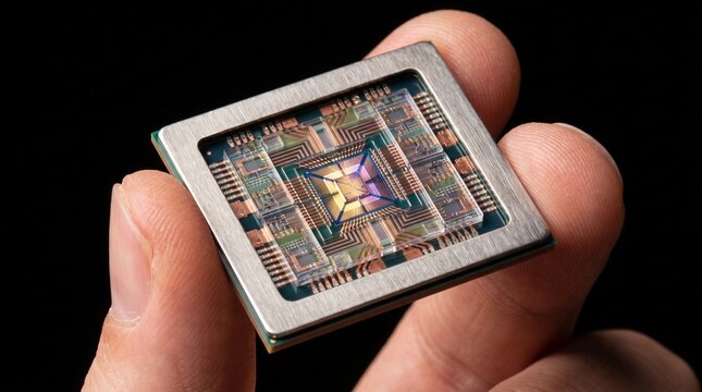 Human hand holding a modern quantum processor chip with intricate circuitry against a black background