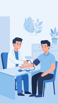 Male doctor checking a patient's blood pressure during a routine preventive consultation, minimalist 2d flat vector illustration, Blue November: prostate cancer awareness and prevention