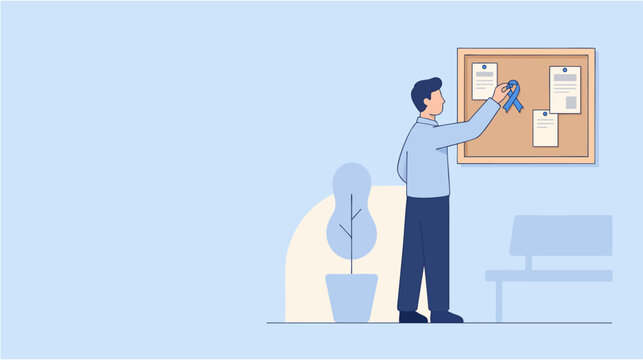 Man placing a blue awareness ribbon on a community bulletin board, minimalist 2d flat vector illustration, healthcare prevention campaign, Blue November: prostate cancer awareness and prevention