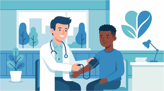 Male doctor checking a patient's blood pressure during a routine preventive consultation, minimalist 2d flat vector illustration, Blue November: prostate cancer awareness and prevention