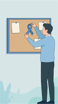 Man placing a blue awareness ribbon on a community bulletin board, minimalist 2d flat vector illustration, healthcare prevention campaign, Blue November: prostate cancer awareness and prevention