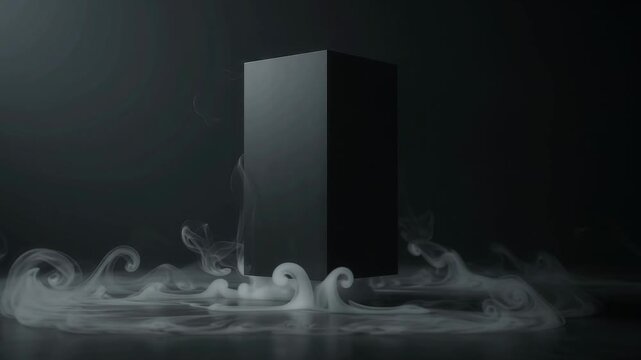 Geometric dark rectangle cube studio product display abstract minimal mysterious black box emerging from swirling mist fog evoking intrigue anticipation sophistication wonder