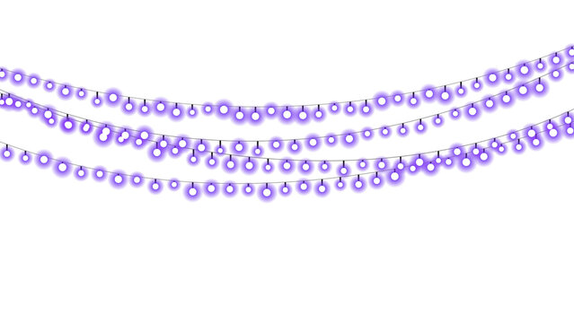 Glowing purple string lights hanging in decorative holiday curves rendered digitally as festive vector graphic elements isolated on transparent background
