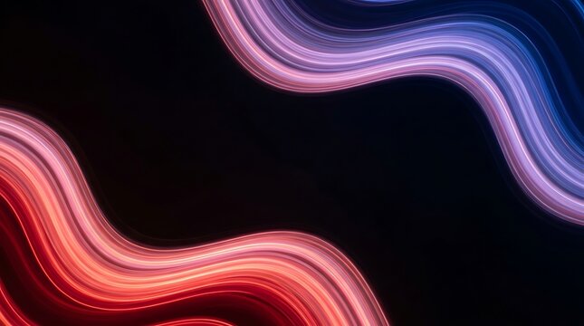 Glowing neon wave light trails on black background with copy space