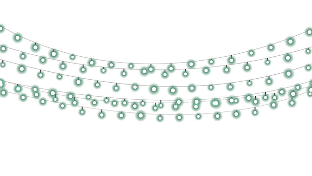 Glowing green holiday string lights hanging in multiple wavy diagonal lines creating a festive celebration atmosphere on transparent background