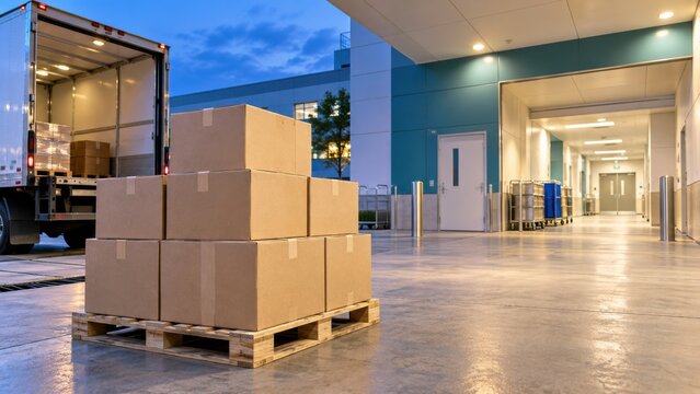 Boxes stacked on a pallet outside a loading area near a delivery truck in an industrial setting during twilight