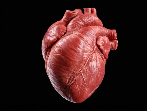 Anatomically accurate human heart rendered in high detail, centered against a deep black background with dramatic lighting and elegant negative space for biomedical applications