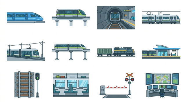 Professional Flat Set of Modern Trains Subways Metro Stations and Railway Control Systems in Vibrant Colors