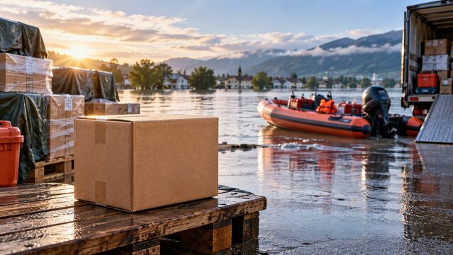 Floodwaters rise as delivery operations continue at a location impacted by recent heavy rainfall and flooding in a rural area