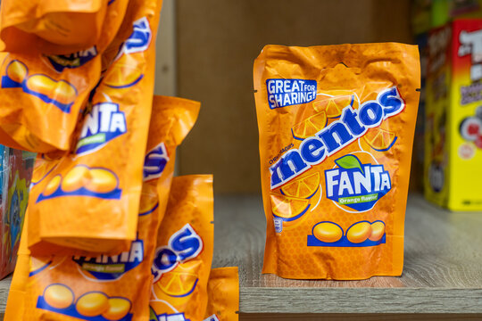 Mentos Fanta orange flavor candy packages displayed on store shelf. Kaliningrad, Kaliningrad Region, Russia. September 15, 2026.